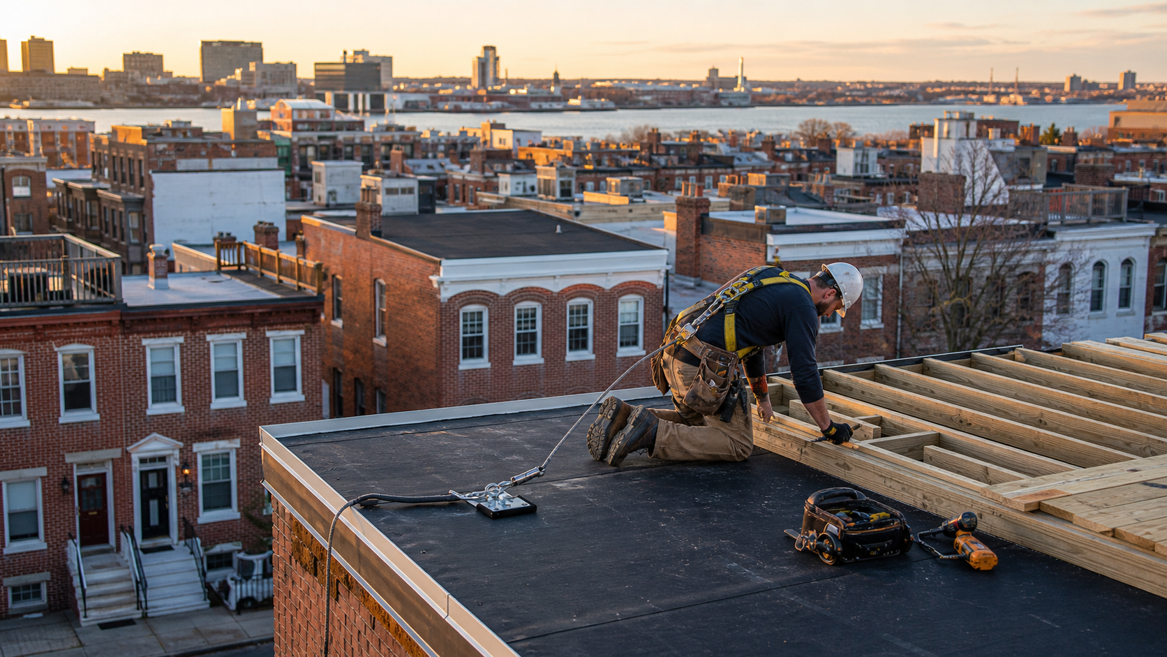 Roofer working on a South Baltimore rowhome flat roof